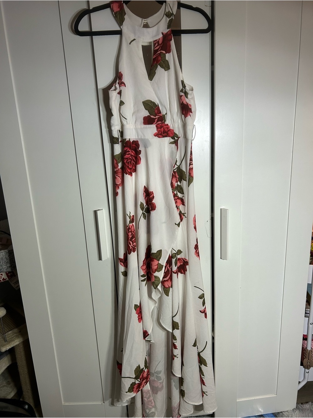 Windsor White High-Low Halter Dress with Red Rose Print